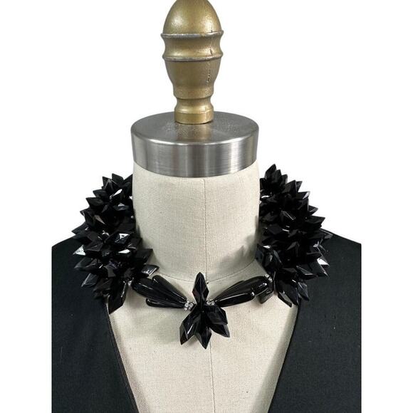 VTG 80s Avant Garde Necklace Black Spiky Plastic/Glass Choker Collar Rhinestone - Picture 1 of 6